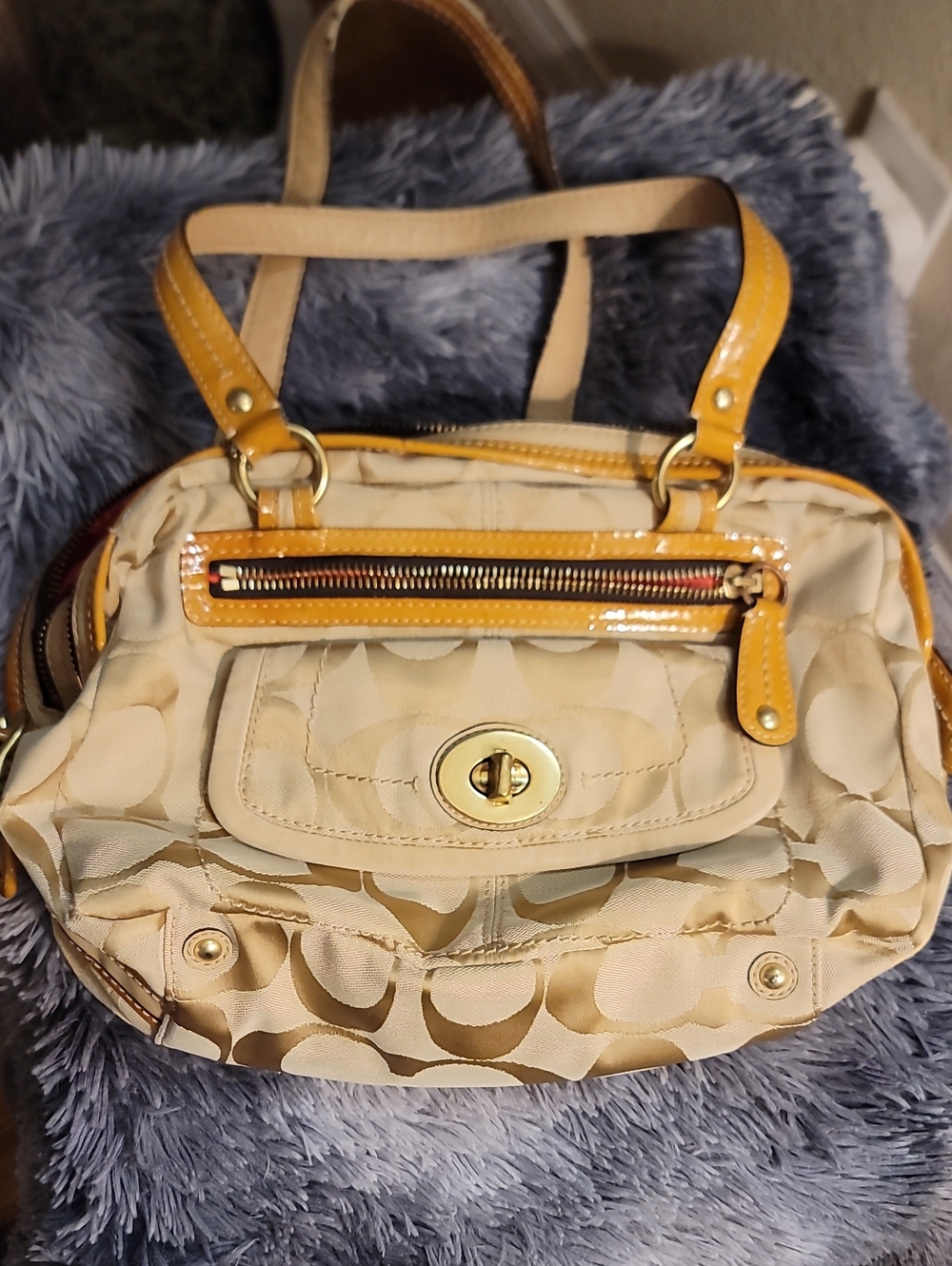 Coach Beige Canvas Satchel with Yellow Patent Trim